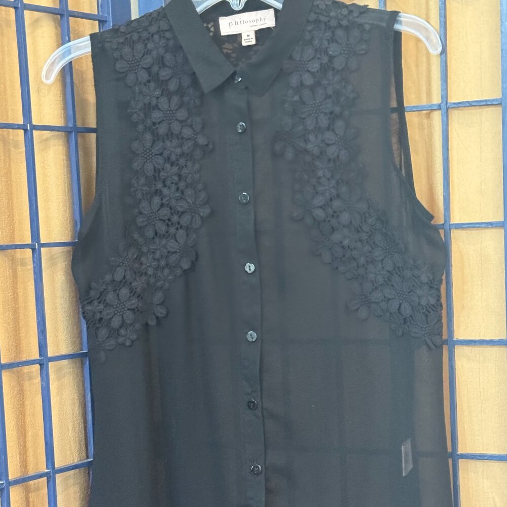 Philosophy Black Sheer Lace Button Front Blouse Large